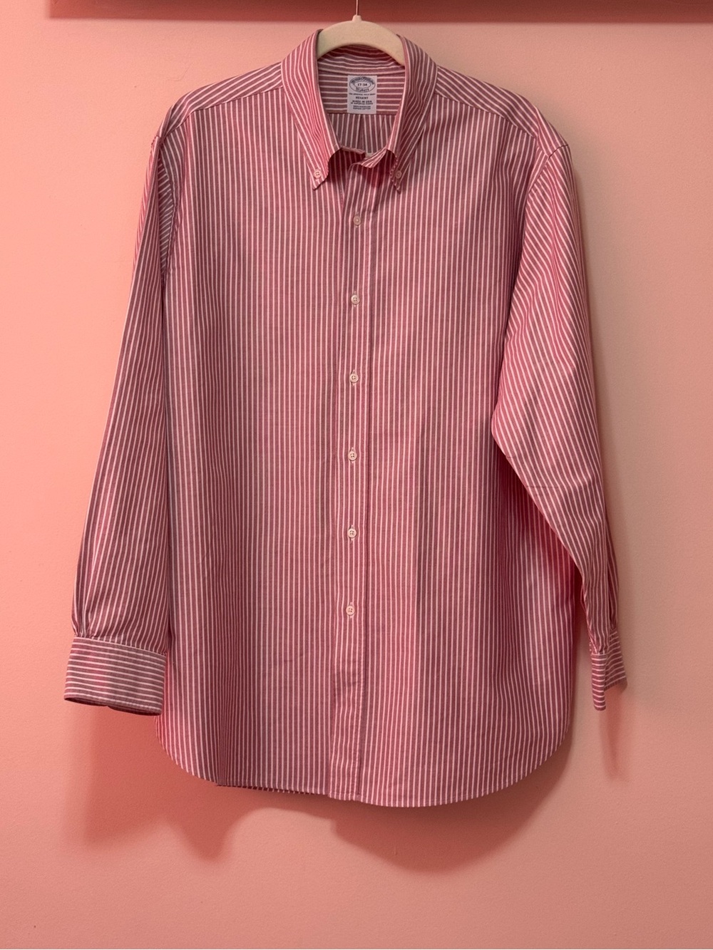 Brooks Brothers men's soft red striped button-down dress shirt made in USA